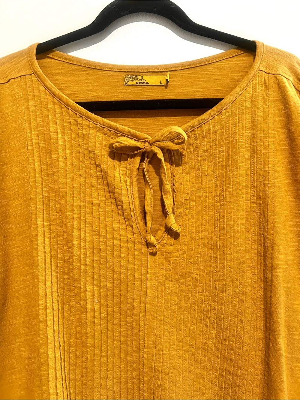 Prana Mustard Tie-Neck Pintuck Short Sleeve Top